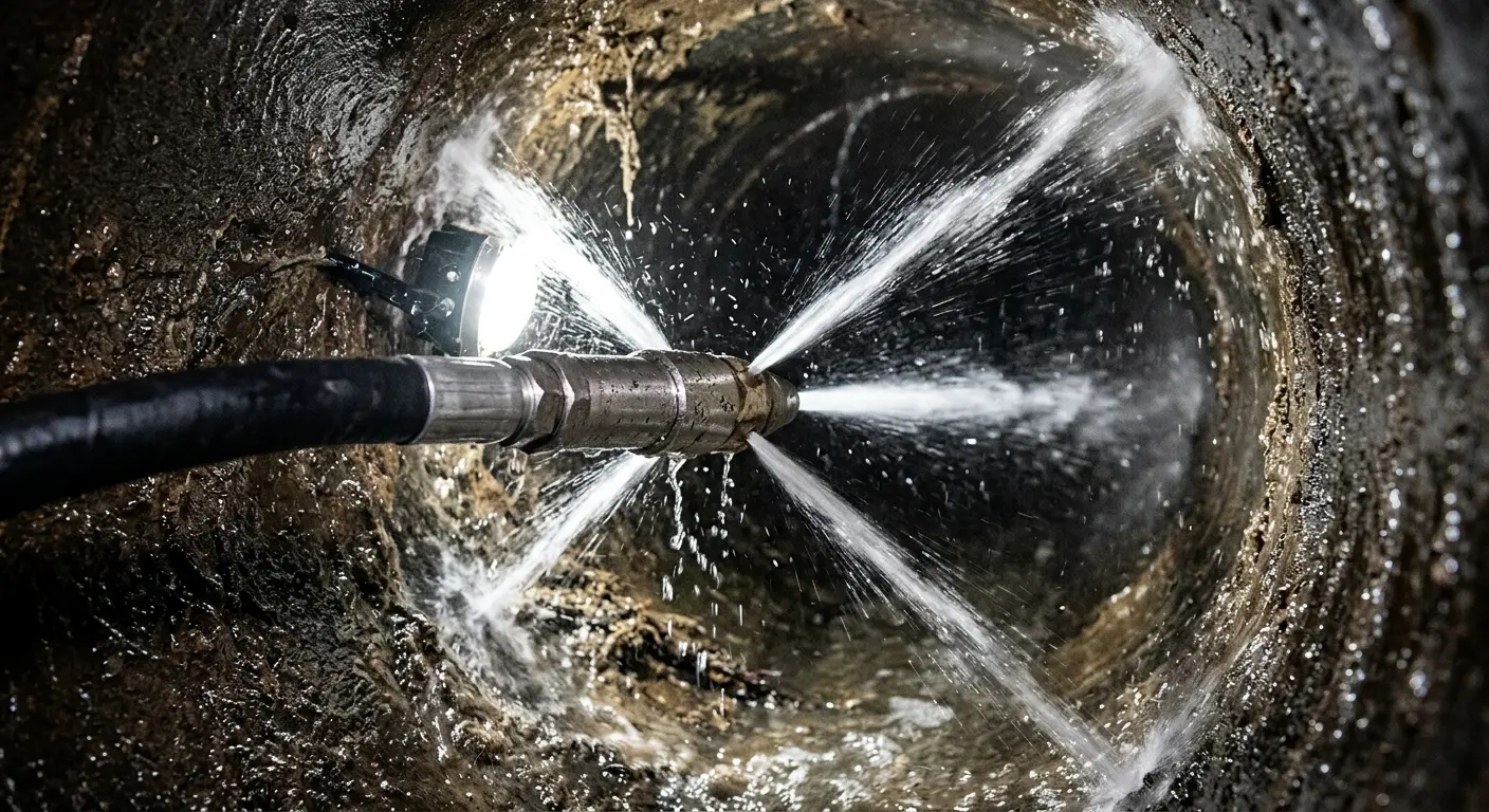 High-pressure hydro jetting nozzle cleaning sewer pipe for Emergency Drain Service in Pimmit Hills