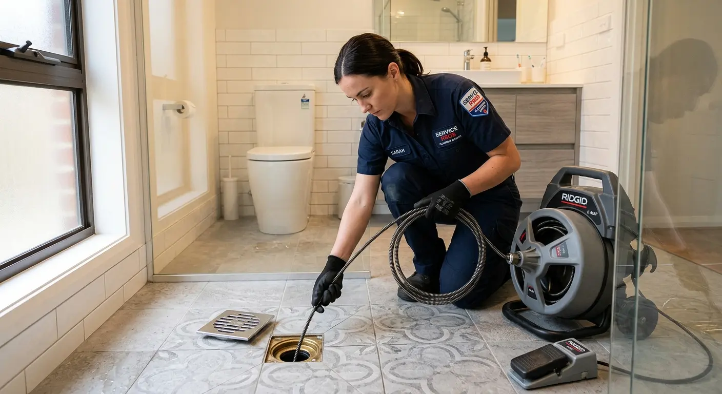 Technician clearing a bathroom floor drain for Hydro Jetting in Pimmit Hills